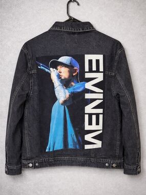 Universal Thread Black Denim Ladies Jacket with Upcycle EMINEM RAPPER Inspired